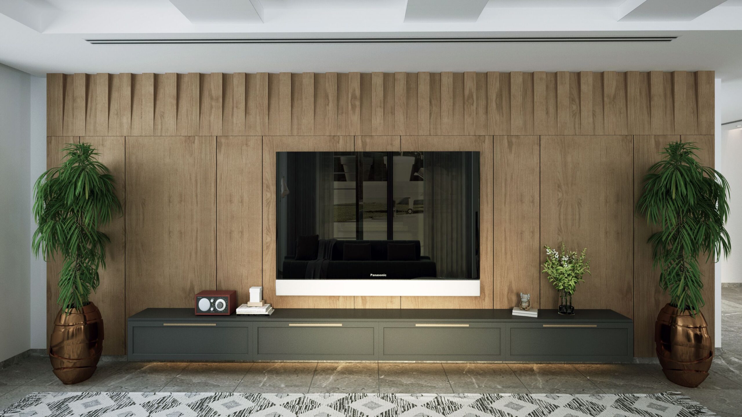 Home Contemporary living room interior featuring a wooden wall and mounted TV.