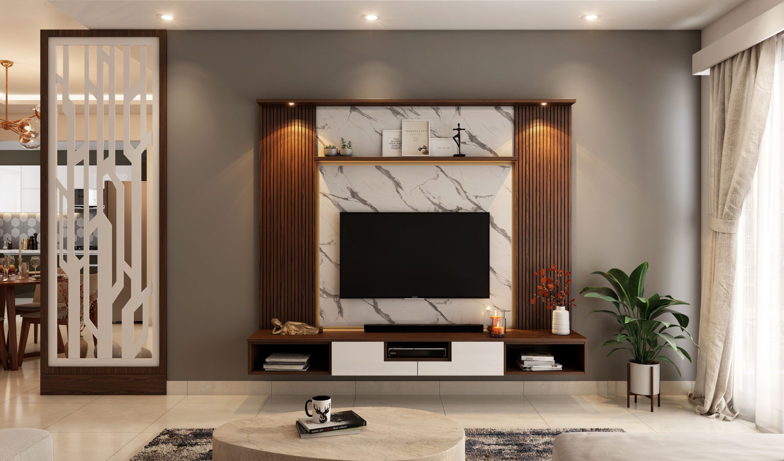 Home Sleek and stylish modern living room setup with TV and decor elements for a cozy ambiance.