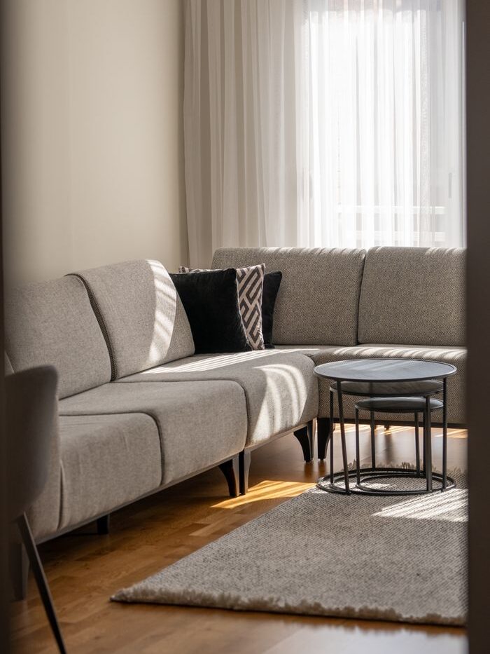 Minimalist Scandinavian living room with gray sofa, black cushions, and bright sunlight filtering through curtains.